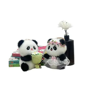 Cute panda plush toy keychain set, proposal couple panda doll pendants with bouquet and lace skirt.