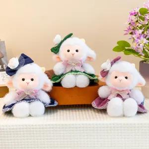 Cute plush sheep toy detail shot showcasing soft stuffed lamb doll in dress for kids gift