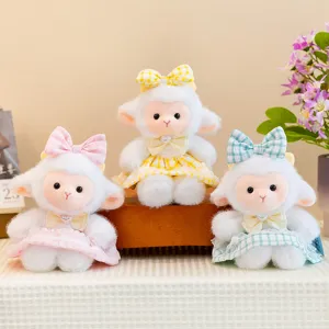 Cute plush lamb toy with dress and bow, soft stuffed animal doll for kids and gifts