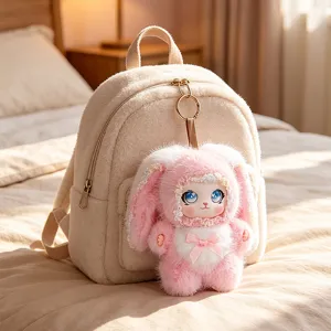 Cute fluffy plush doll keychain backpack pendant, soft stuffed animal charm for bags and keys.