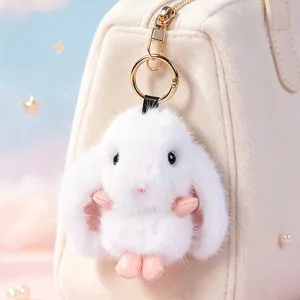 Cute white fluffy lop-eared rabbit plush toy keychain adorable bag hanging ornament