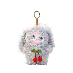 Cute fluffy curly hair plush doll keychain with vinyl face toy bag pendant charm
