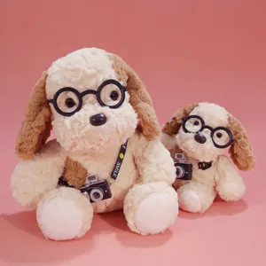 Cute puppy plush toy with glasses and camera, soft stuffed animal doll for kids gift.