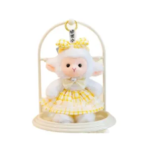 Cute plush sheep toy wearing yellow plaid dress, soft stuffed lamb doll with nice bow for kids.
