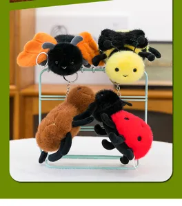 Cute cartoon insect plush keychain set, fluffy spider bee ladybug hanging doll pendants.
