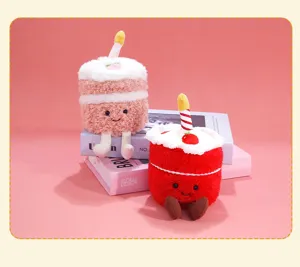 Detail view of cute plush cake doll pendant with candle and hanging legs, soft toy gift