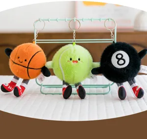 Cute sports plush keychain detail, featuring basketball and tennis ball styles with soft fabric.