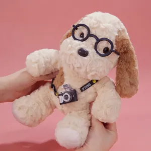 Cute Puppy Plush Toy Stuffed Animal Soft Short Plush with Glasses and Mini Camera Pendant Desktop Decor Kids Gift