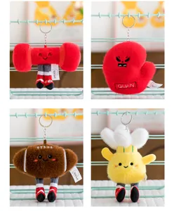 Cute sports plush keychains detail, featuring dumbbell, boxing glove, football and badminton.
