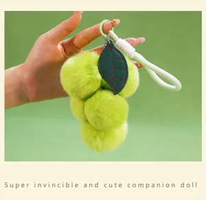 Fluffy grape plush keychain with leather leaf and braided wrist strap for cute bag charm