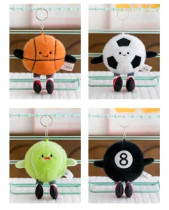 Cute plush sports ball keychain details showing basketball, soccer, tennis and 8-ball designs.