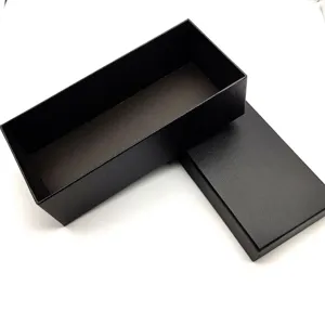 Schwarze strukturierte Verpackungsbox im Detail, offener Deckel und Innenfach zur Aufbewahrung.