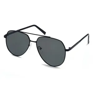 Detailed view of black metal frame pilot sunglasses with dark polarized lenses for men.