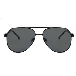 Detailed view of the black metal aviator sunglasses with dark grey polarized lenses and frame.