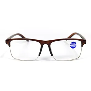 Nahaufnahme von Halbrand-Lesebrille mit braunem Gestell und blauem Brillenglasaufkleber