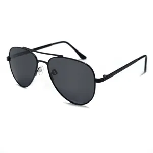 Detailed view of black metal frame aviator sunglasses with dark polarized lenses for men.