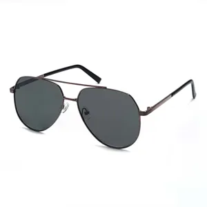 High-end metal pilot polarized sunglasses detail, premium black frame and dark driving lens.