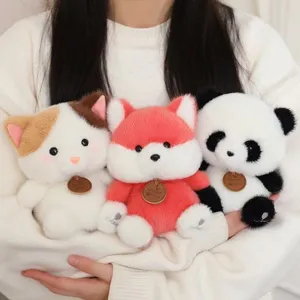 Cute plush animal toys set, featuring cat, fox, and panda stuffed dolls with soft fabric for gifts.