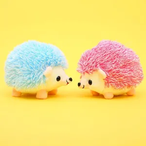 Cute plush hedgehog toy pair, mini soft stuffed animal doll keychain, yellow background main.