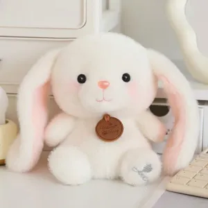 Cute white long-eared bunny plush toy with soft fur and charming pink blush detail.