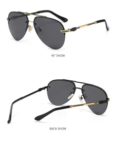 Detail view of classic aviator polarized sunglasses, black and gold metal frame design.