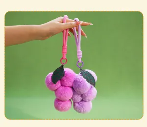 Cute plush grape keychain fluffy fruit pom pom bag charm candy color lovely accessory soft toy