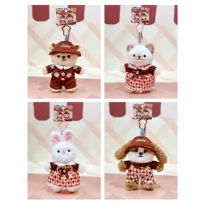 Detail view of cute chocolate series plush animal keychains, soft toys with lovely outfits.