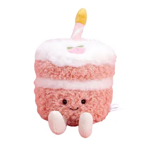 Cute pink birthday cake plush toy with candle and cute legs for gift home decor