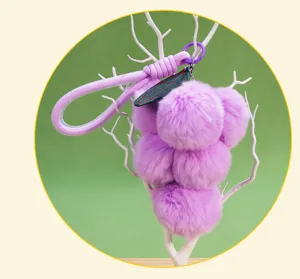 Cute purple grape plush pom pom keychain fluffy rabbit hair charm bag car key ring pendant