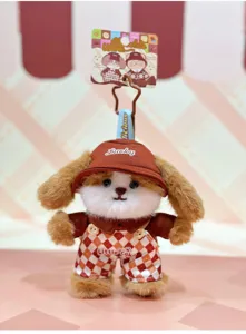 Cute brown puppy plush pendant keychain with sweet outfit, soft stuffed animal charm.