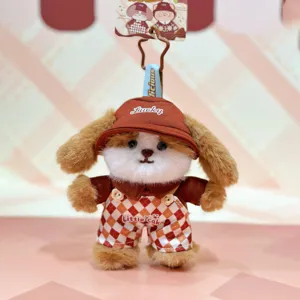 Cute brown plush dog keychain, chocolate series plush toy with hat and overalls for girls.
