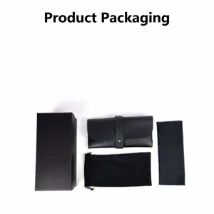 Conjunto de caja de gafas negra con estuche rígido, bolsa de cuero y paño de limpieza.