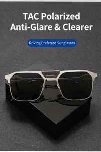 Detail view of men's metal frame polarized sunglasses, anti-glare design for driving and outdoor.