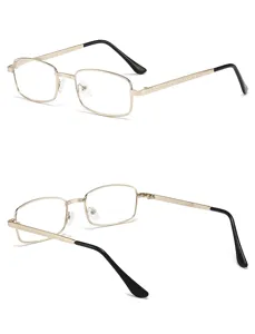 Metal reading glasses detail view, gold frame and black temple tips, clear resin lenses.