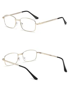 Gros plan sur la monture de lunettes de lecture en métal doré avec bouts de branches noirs.