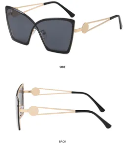 Detailed view of fashionable cat-eye sunglasses, featuring chic metal temples and rimless cut edges.