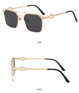 Detail view of men's metal sunglasses featuring polarized lenses and stylish hollow temples.
