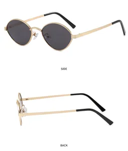 Trendy retro oval metal sunglasses for men and women, lightweight gold frame with dark lenses.