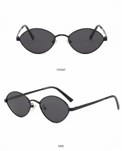 Classic retro oval sunglasses with black metal frame and grey lenses, detailed view.