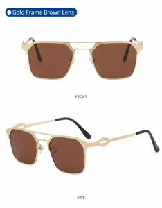 Detailed view of men's metal frame sunglasses with brown lenses and geometric double bridge.