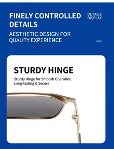Men's polarized sunglasses detail view, metal frame hinge display, UV protection design.