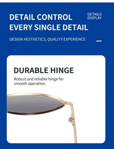 Oval sunglasses detail closeup showing durable metal hinge and premium retro design construction.