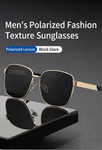 Primer plano detallado de gafas de sol polarizadas cuadradas de metal para hombres.