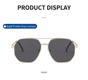 Close-up view of men's polarized sunglasses with gold frame and grey lenses for driving.