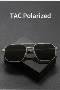 Detailed view of men's metal square polarized sunglasses featuring double bridge design.