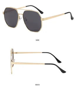 Detailed view of fashion polygon sunglasses with double bridge metal frame for men driving.