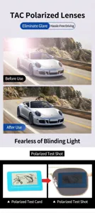 Detailed view of TAC polarized sunglasses featuring anti-glare driving test and clarity.