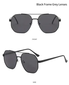 Men's polarized hexagonal sunglasses featuring double bridge and anti-UV grey lenses.