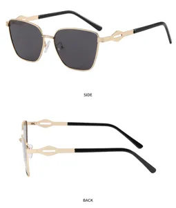 Detail view of men's polarized metal sunglasses with geometric cutout temples and dark lenses.