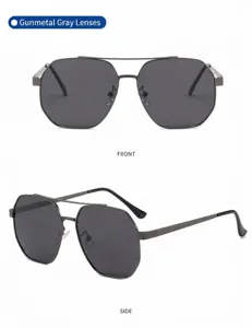 Detail view of stylish men's sunglasses featuring a sturdy gunmetal frame and dark gray lenses.